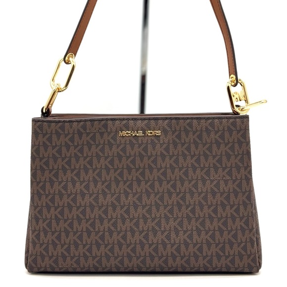 Michael Kors Trisha Medium Triple Compartment Crossbody Bag Brown Signature - Picture 1 of 11